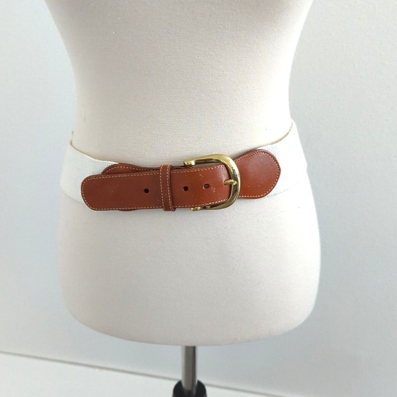 Lands' End Accessories - VTG Lands End Waist Belt Elastic Leather White USA 32 Brass Cotton Coastal Yacht